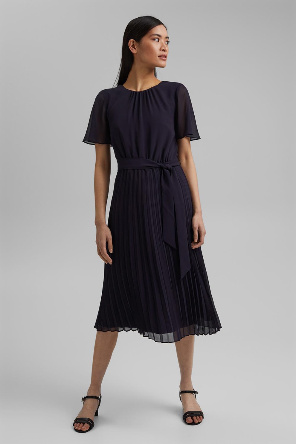 Esprit, Rochie midi cu pliuri si maneci clopot, Bleumarin inchis