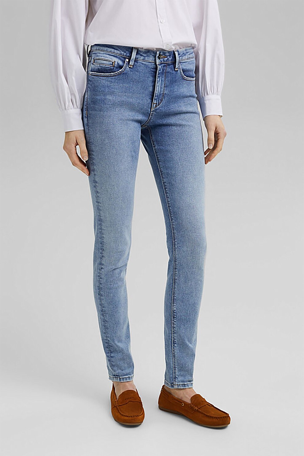 Esprit, Blugi skinny cu aspect decolorat, Albastru deschis