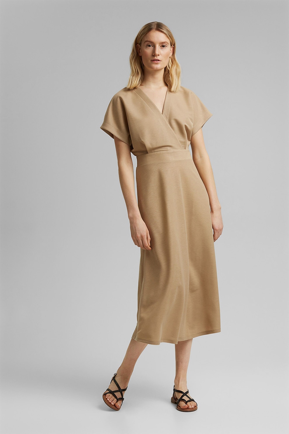 Esprit, Rochie midi cu decolteu in V, Maro camel
