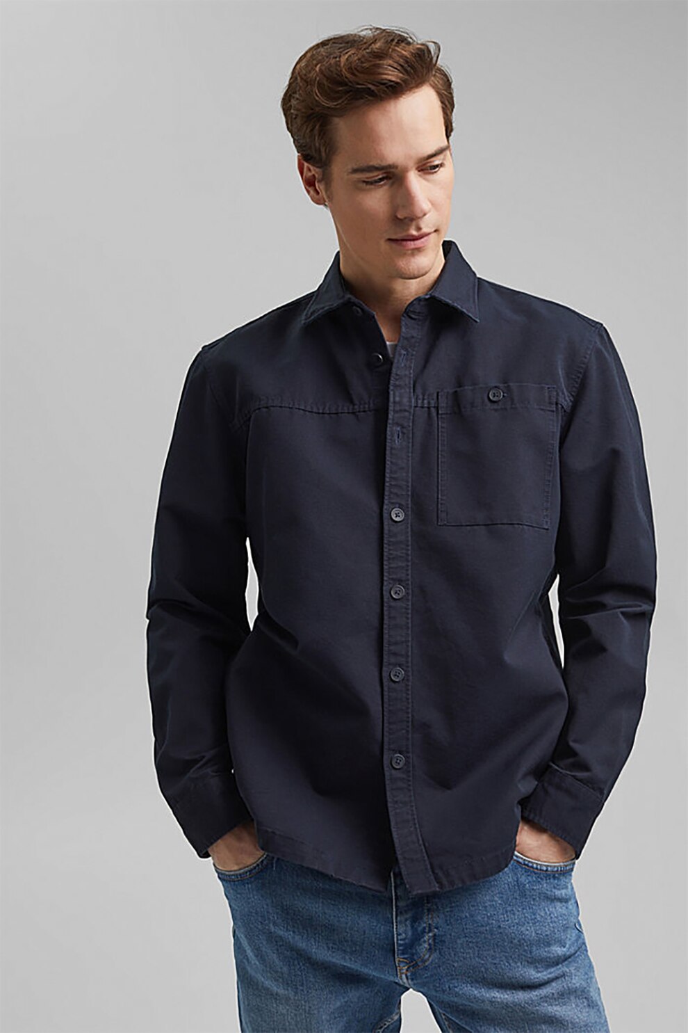 EDC by Esprit, Camasa de bumbac organic cu buzunar, Bleumarin