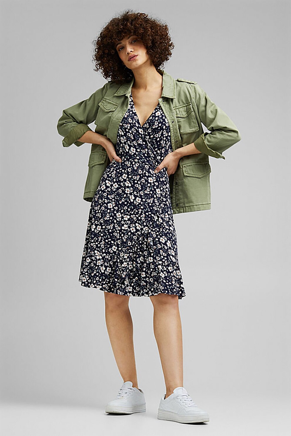 Esprit, Rochie petrecuta cu imprimeu floral, Bleumarin/Alb