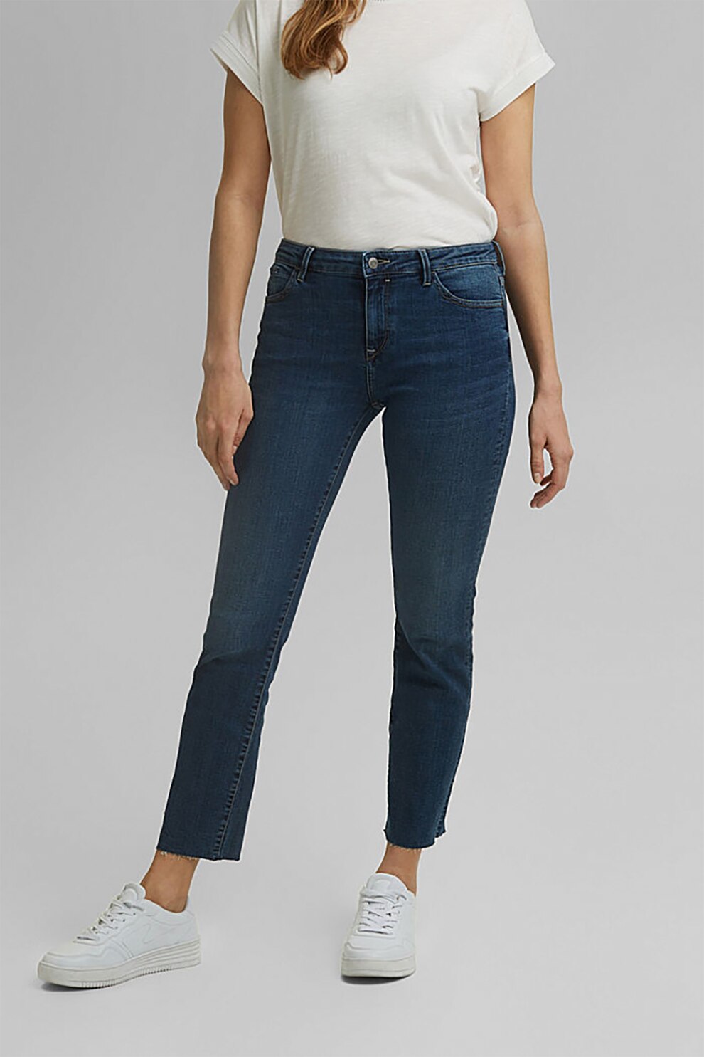 Esprit, Blugi crop din amestec de bumbac organic, Indigo