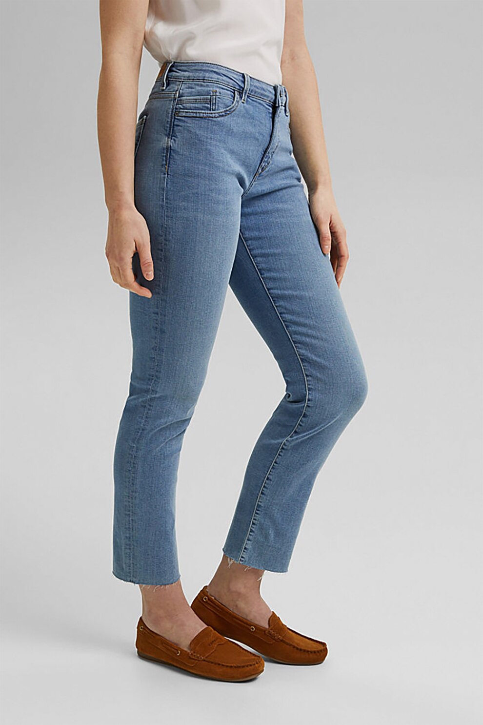 Esprit, Blugi crop din amestec de bumbac organic, Albastru