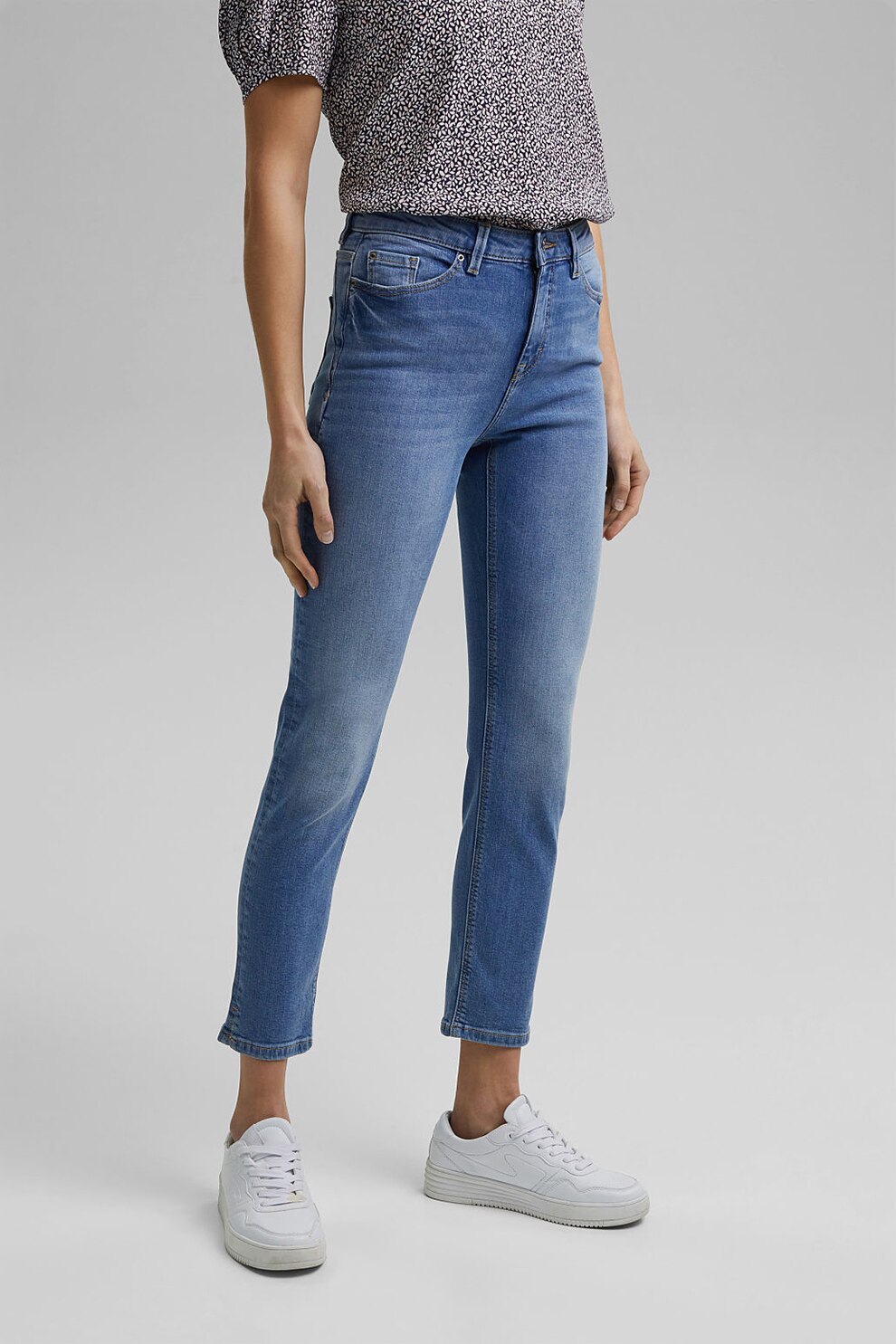 Esprit, Blugi slim-fit crop cu talie inalta, Albastru, W27-L28