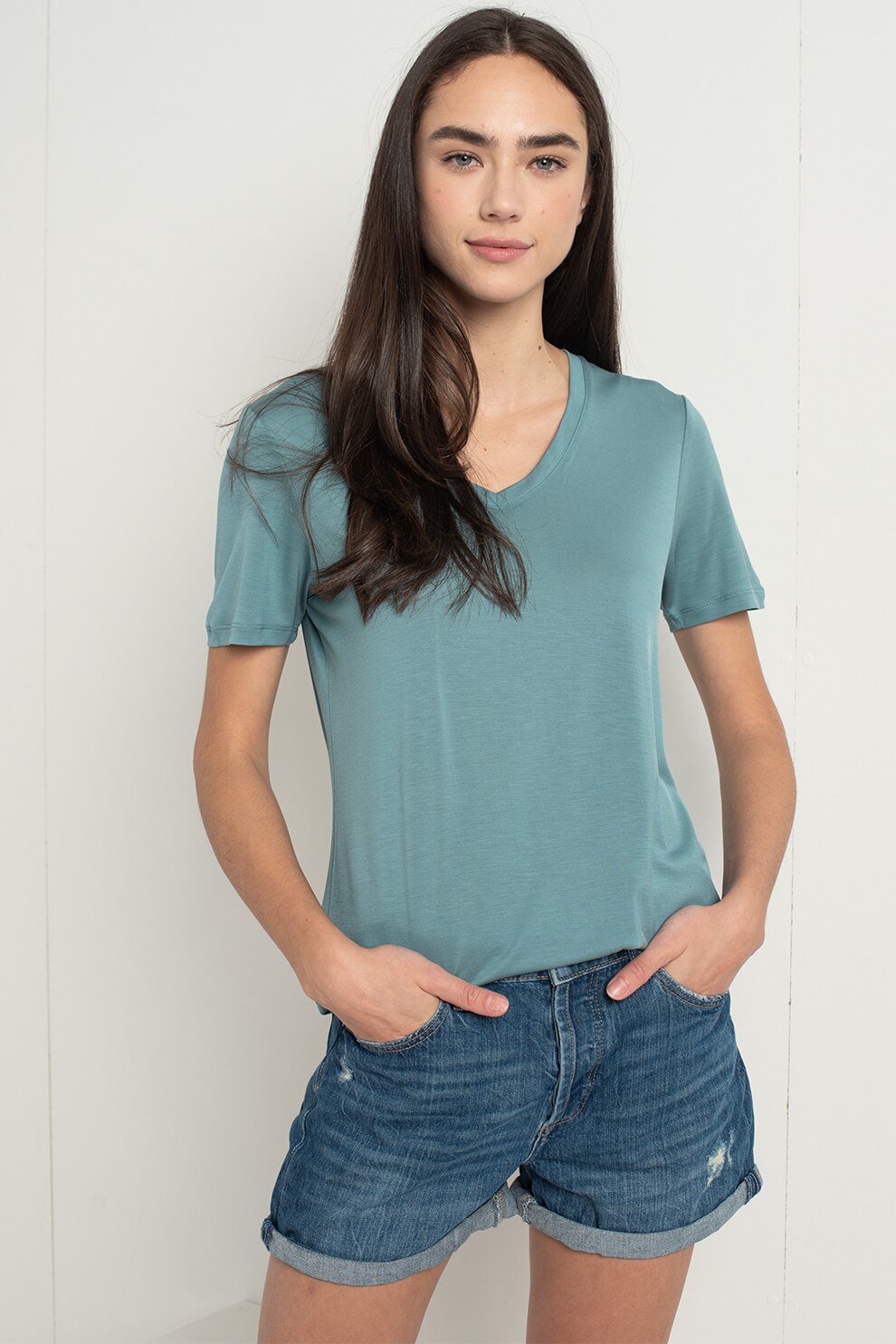 Esprit, Tricou din lyocell cu decolteu in V, Albastru petrol