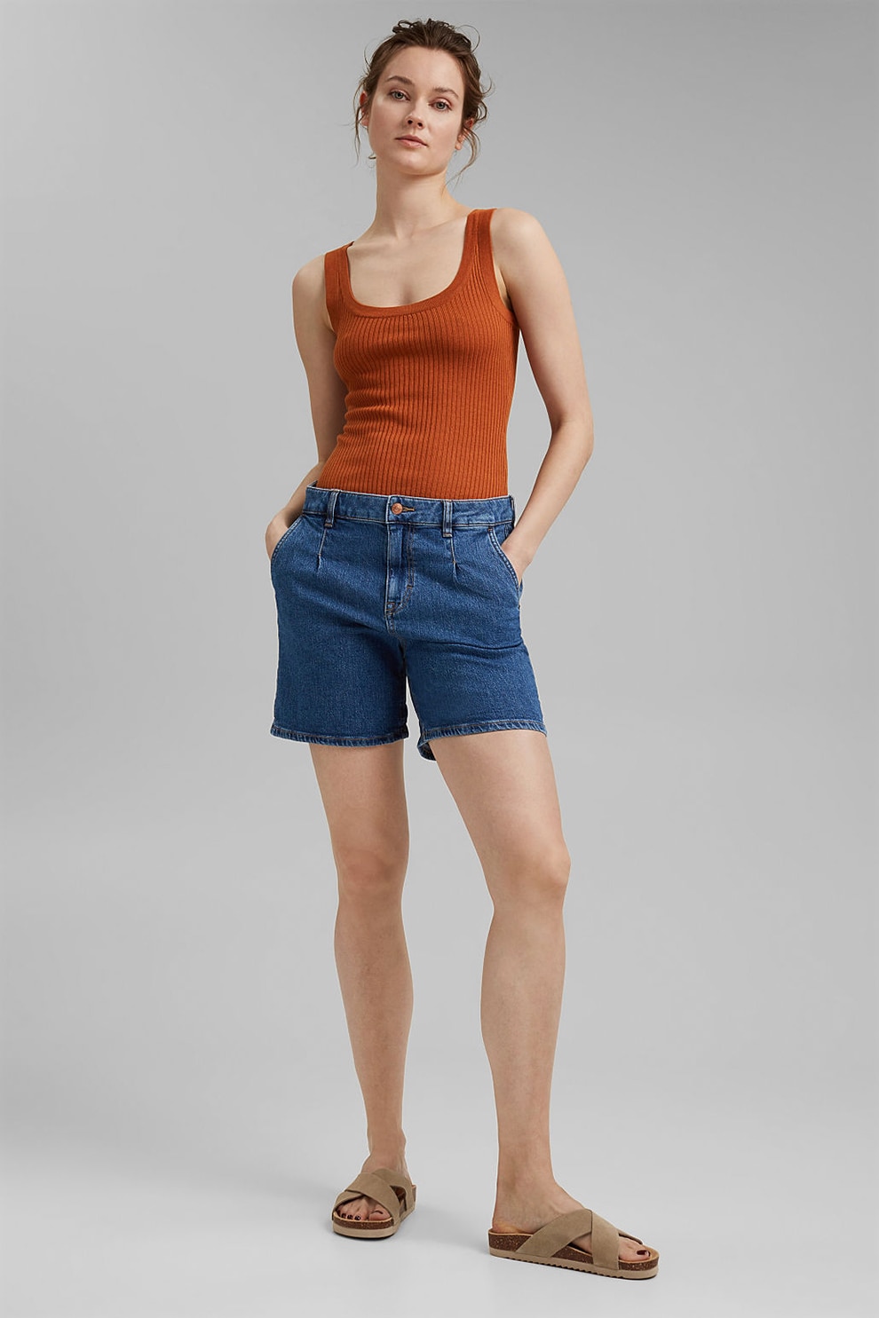 Esprit, Pantaloni scurti relaxed fit din denim si bumbac organic, Bleumarin