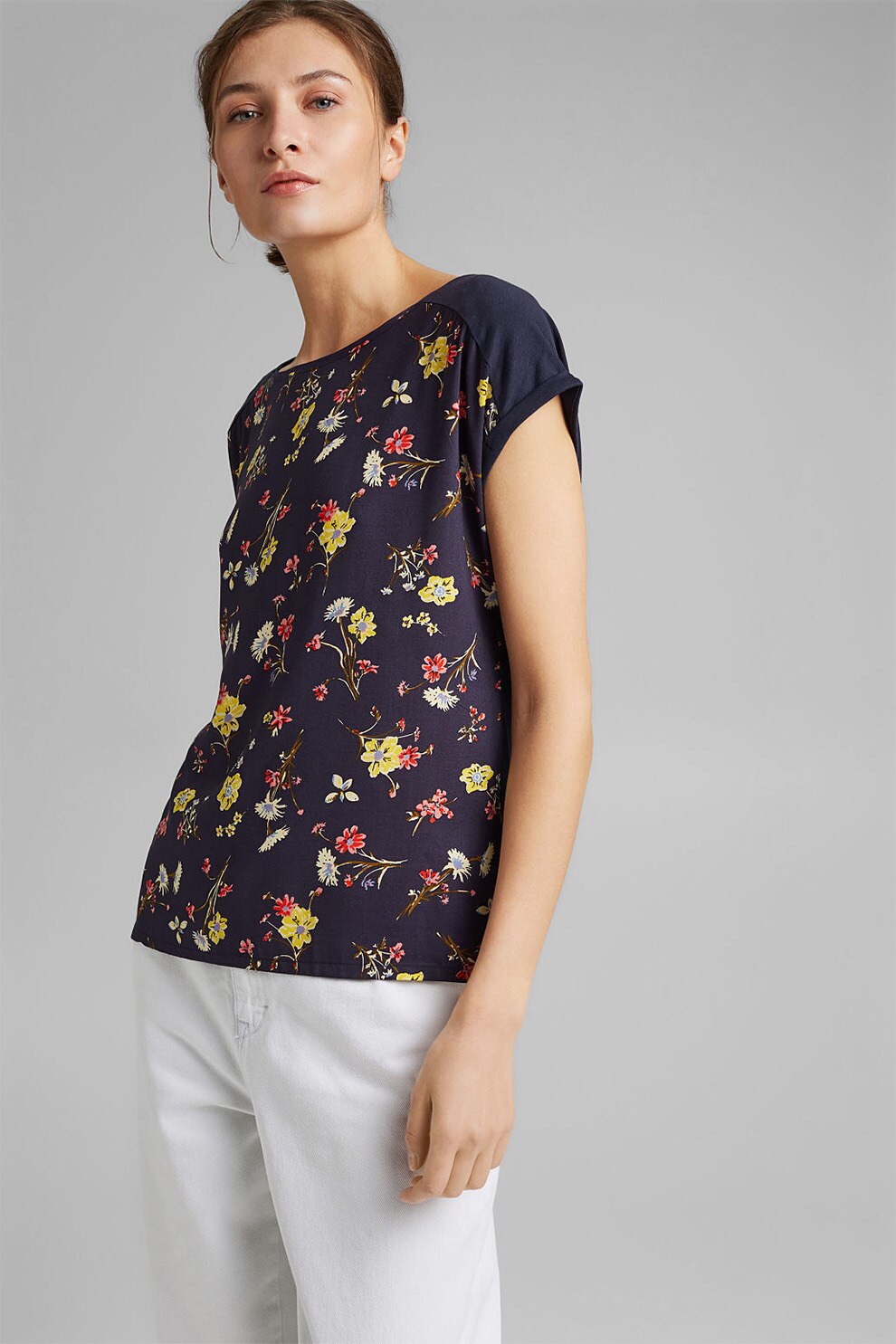 Esprit, Tricou din amestec de bumbac organic cu imprimeu, Bleumarin/Alb