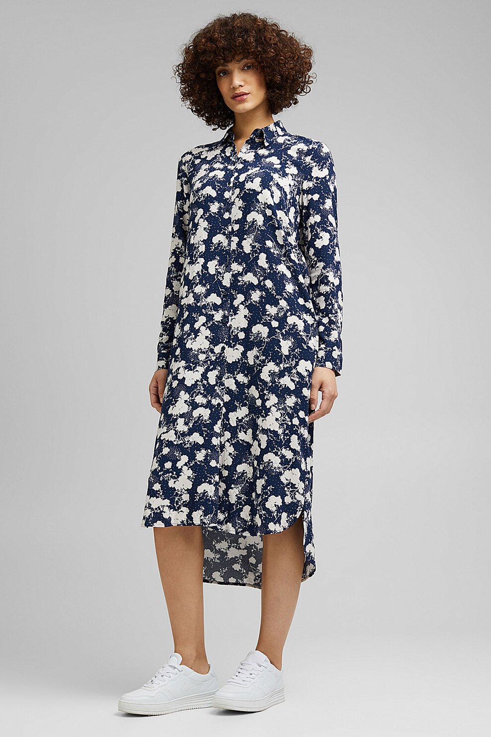 Esprit, Rochie asimetrica tip camasa cu buzunare laterale, Bleumarin/Alb, S