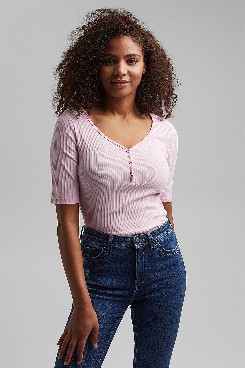 EDC by Esprit, Tricou din amestec de bumbac organic cu decolteu in V, Roz, M