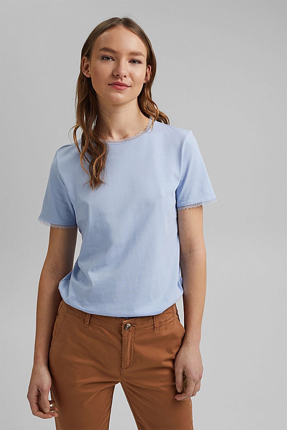 EDC by Esprit, Tricou de bumbac organic cu garnituri de dantela, Albastru lavanda