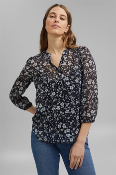 Esprit, Bluza de sifon cu model floral, Negru/Alb