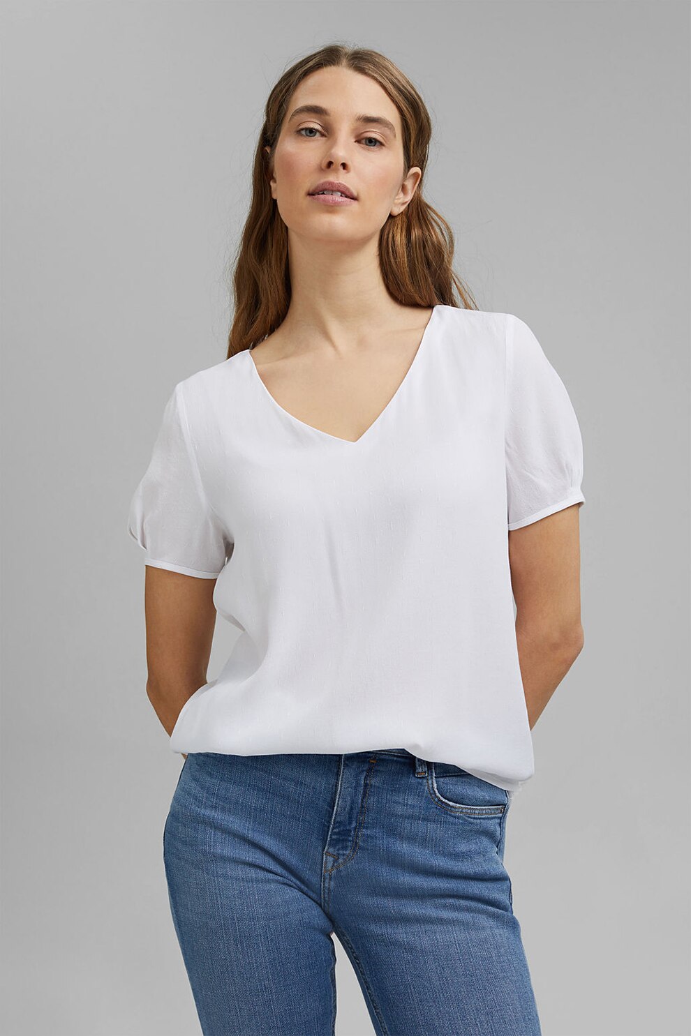 Esprit, Bluza cu decolteu in V si detalii texturate, Alb