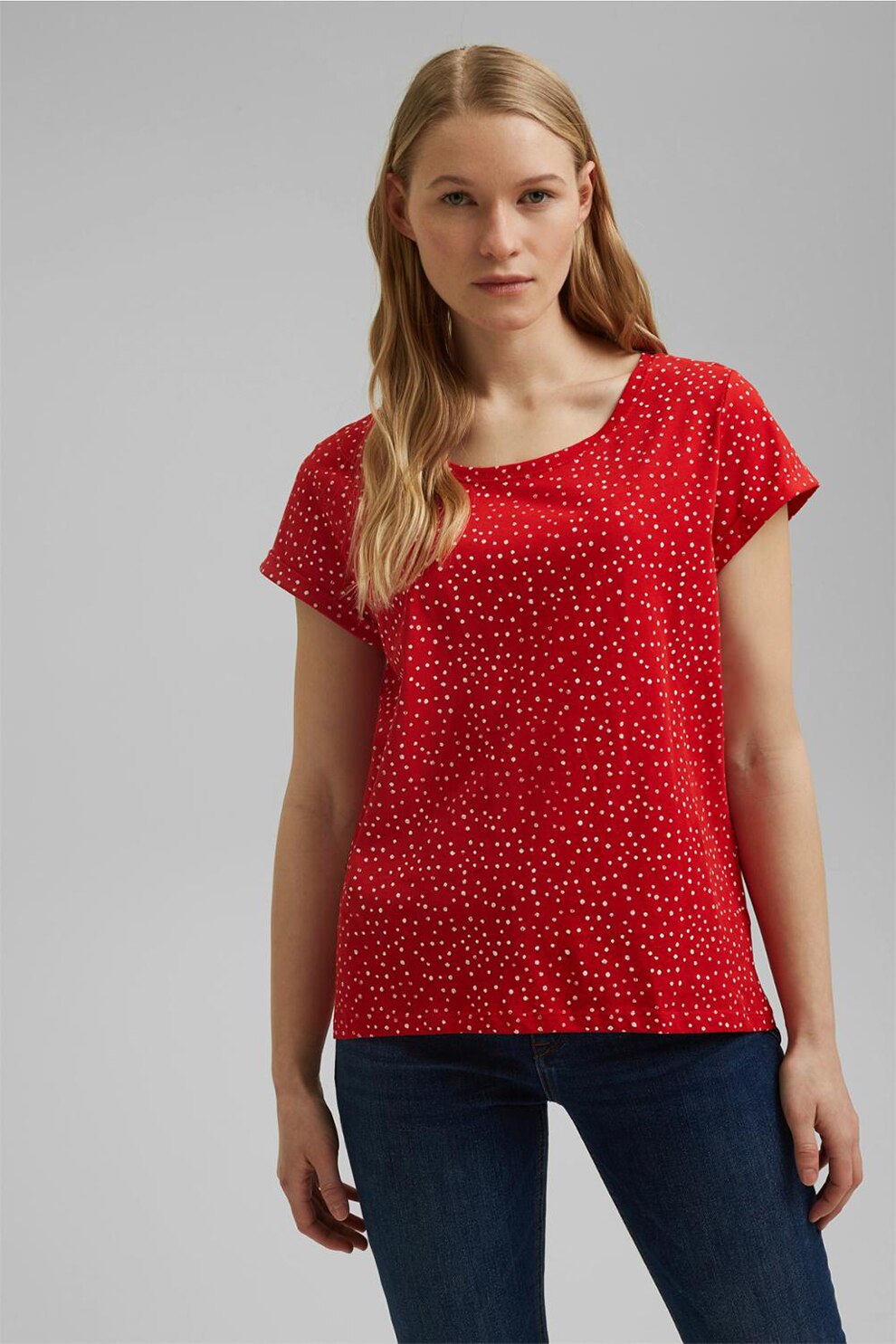 Esprit, Tricou de bumbac organic cu model, Rosu caramiziu/Alb, XS