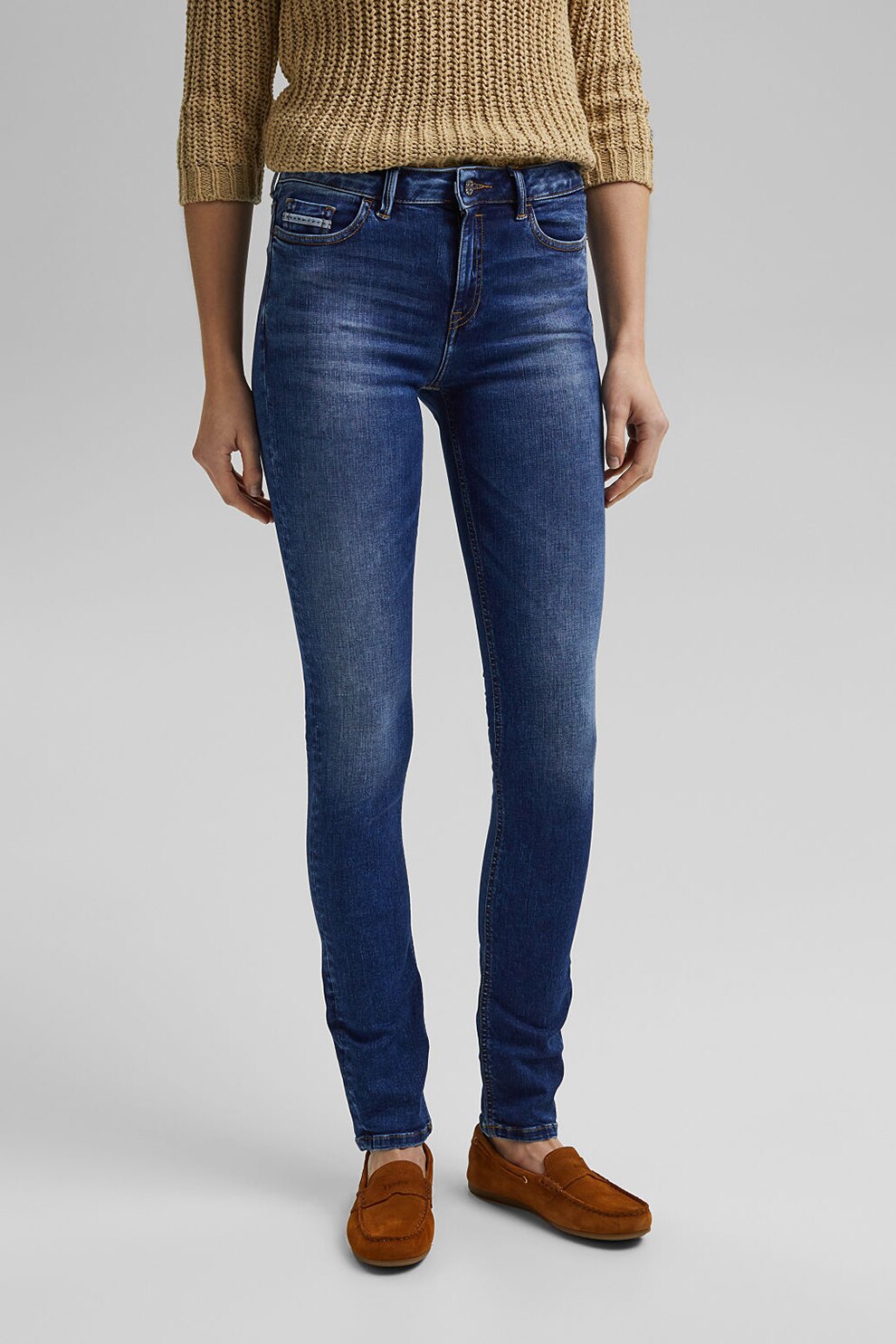 Esprit, Blugi slim-fit cu aspect decolorat, Albastru inchis