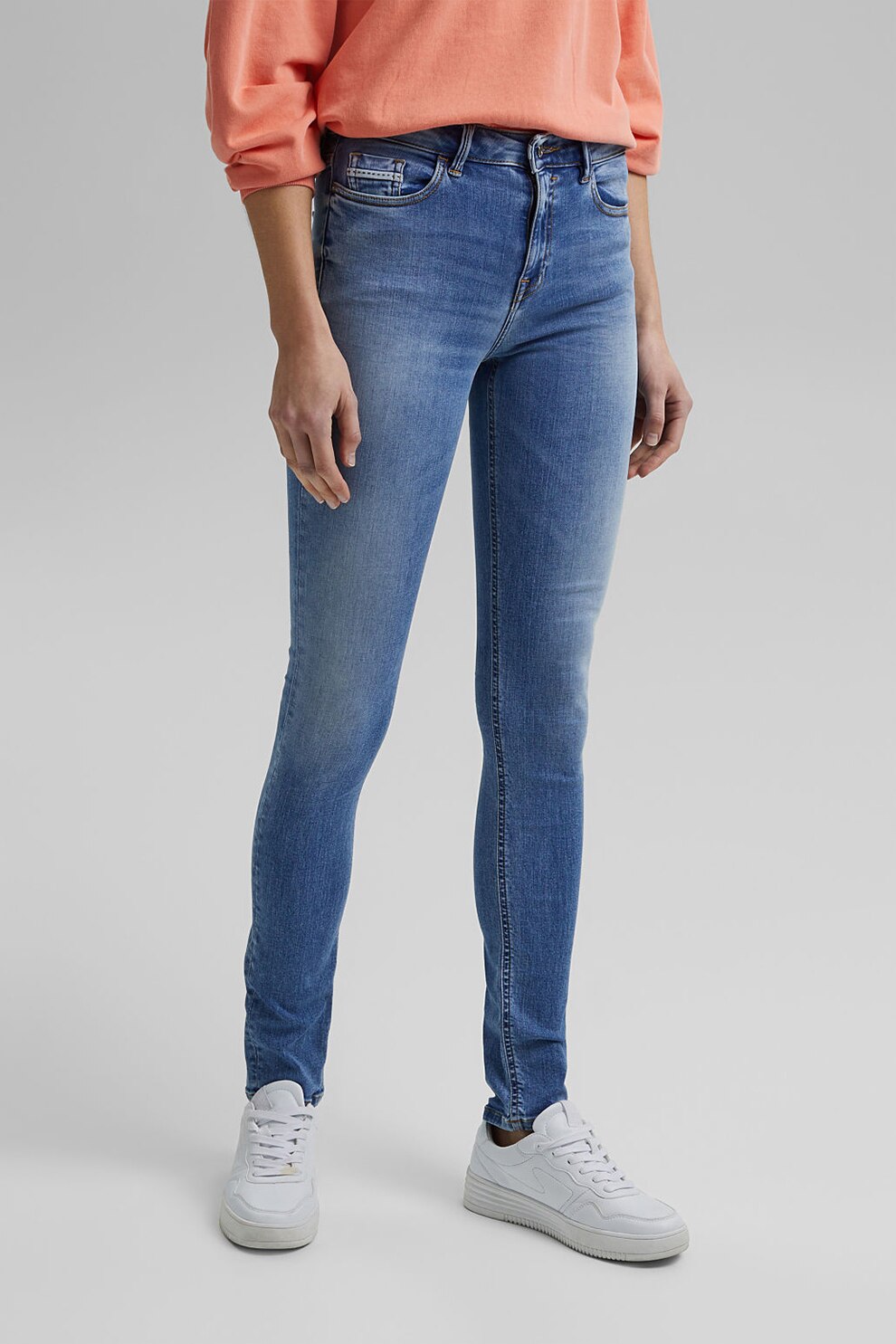 Esprit, Blugi slim-fit cu aspect decolorat, Albastru