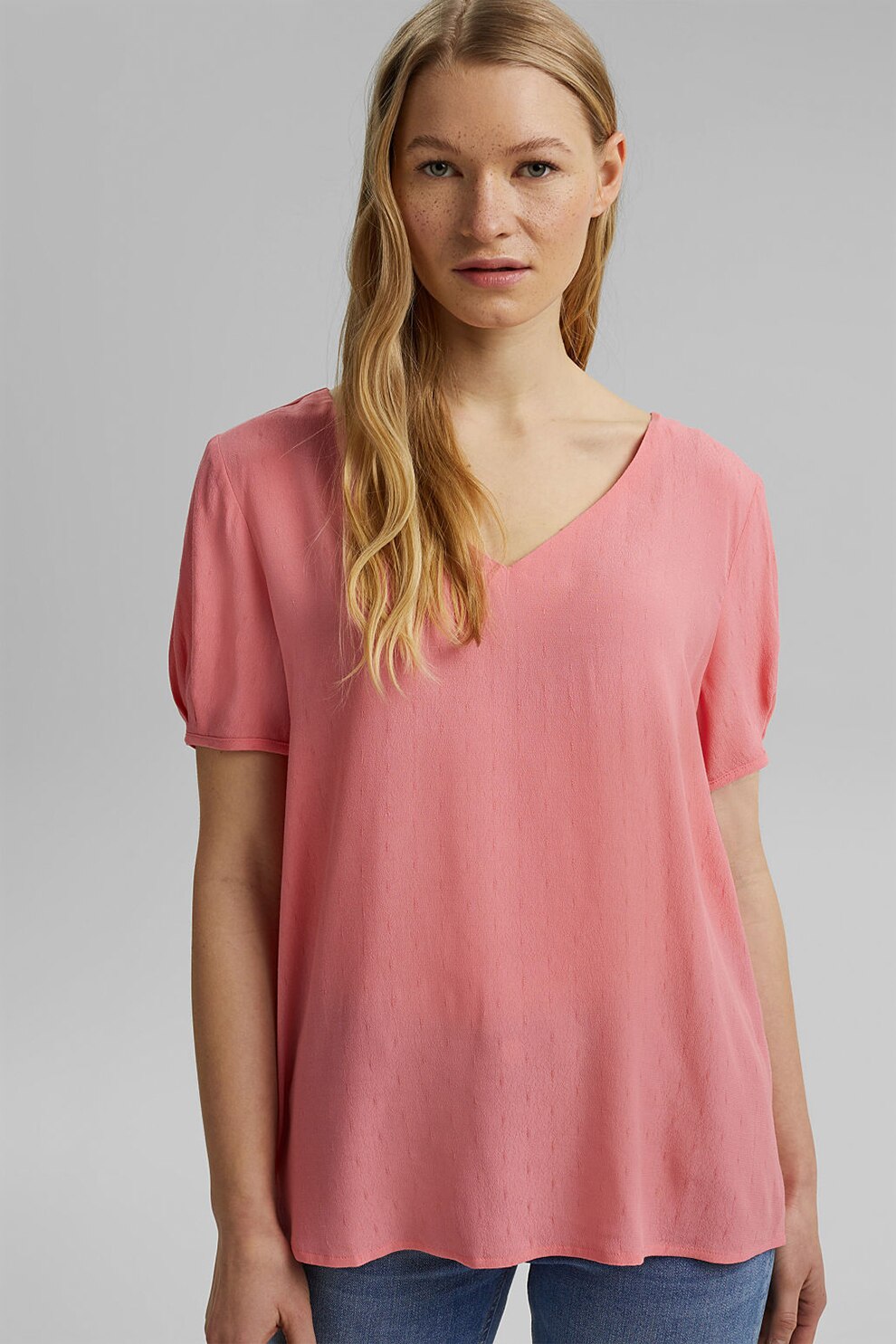 Esprit, Bluza cu decolteu in V si detalii texturate, Roz