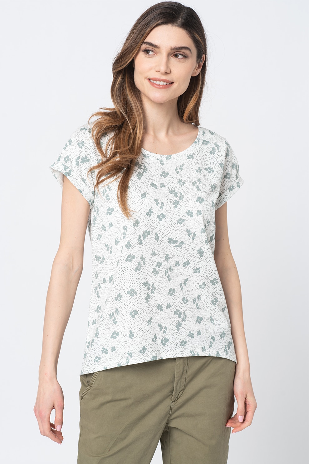 Esprit, Tricou din bumbac organic cu imprimeu, Alb/Verde persan, S