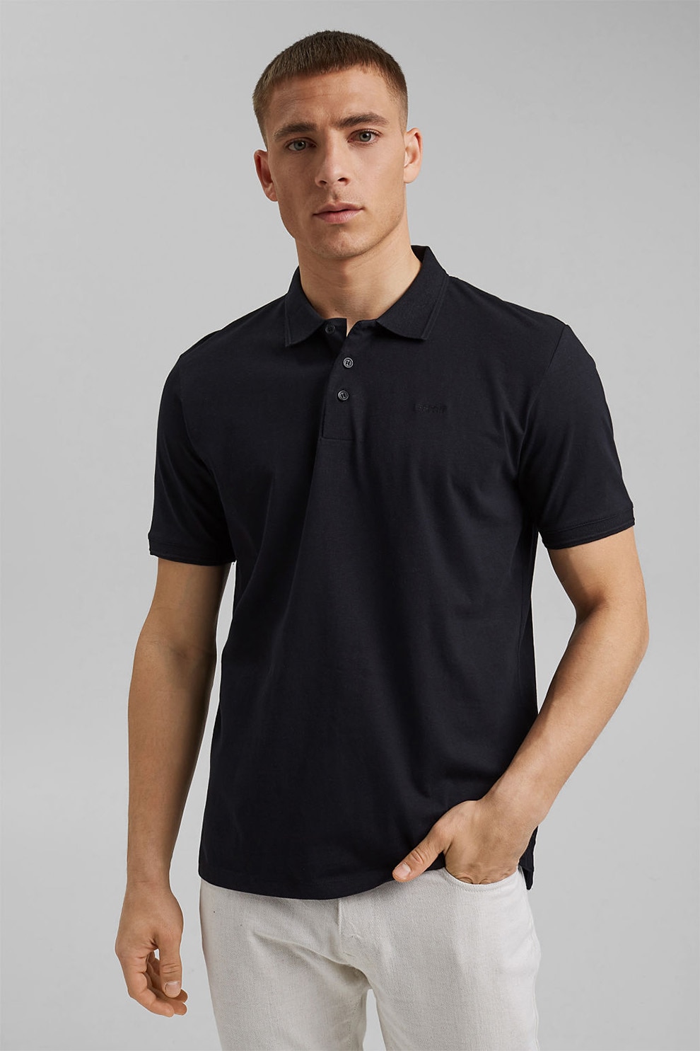 Esprit, Tricou polo slim fit din amestec de in si bumbac organic, Negru
