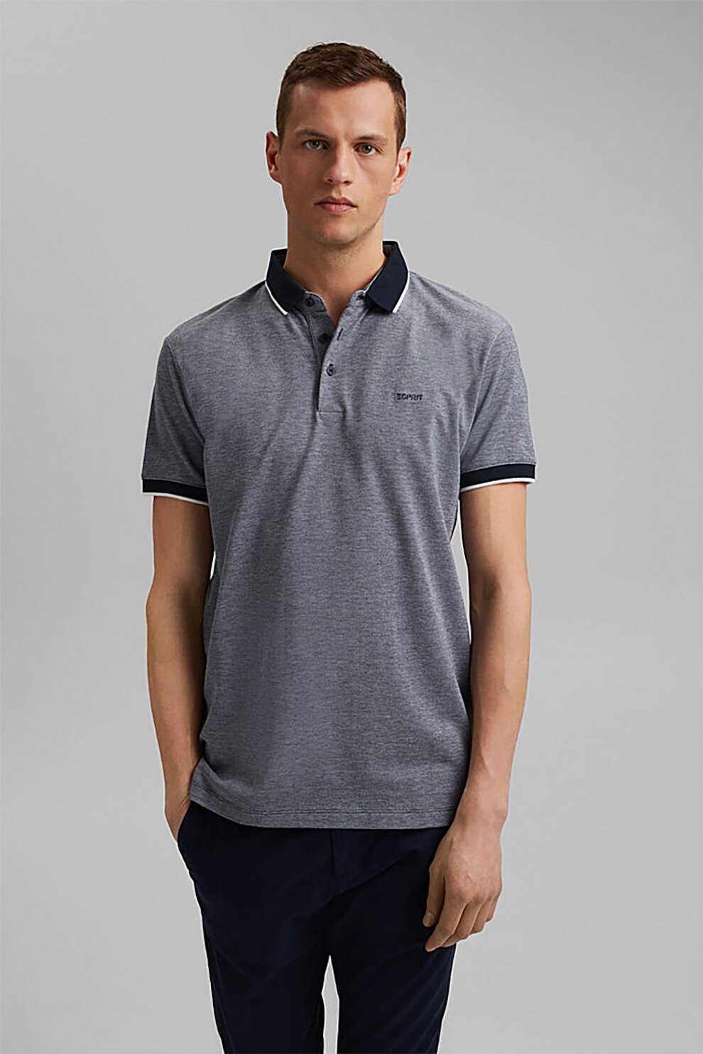 Esprit, Tricou polo din bumbac organic si material pique, Albastru inchis melange, S