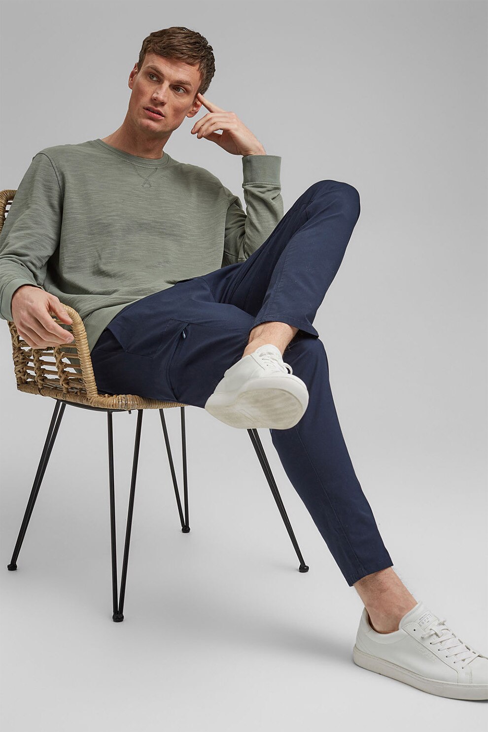 Esprit, Bluza sport din bumbac organic cu decolteu la baza gatului, Verde sparanghel