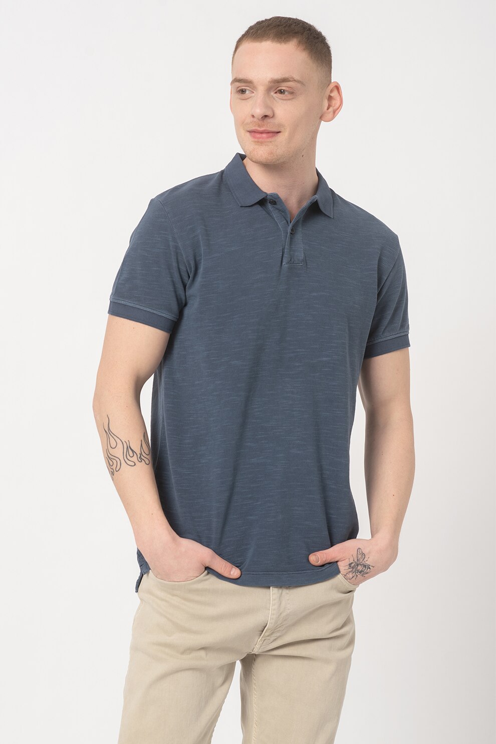 EDC by Esprit, Tricou polo de bumbac organic, Albastru prafuit