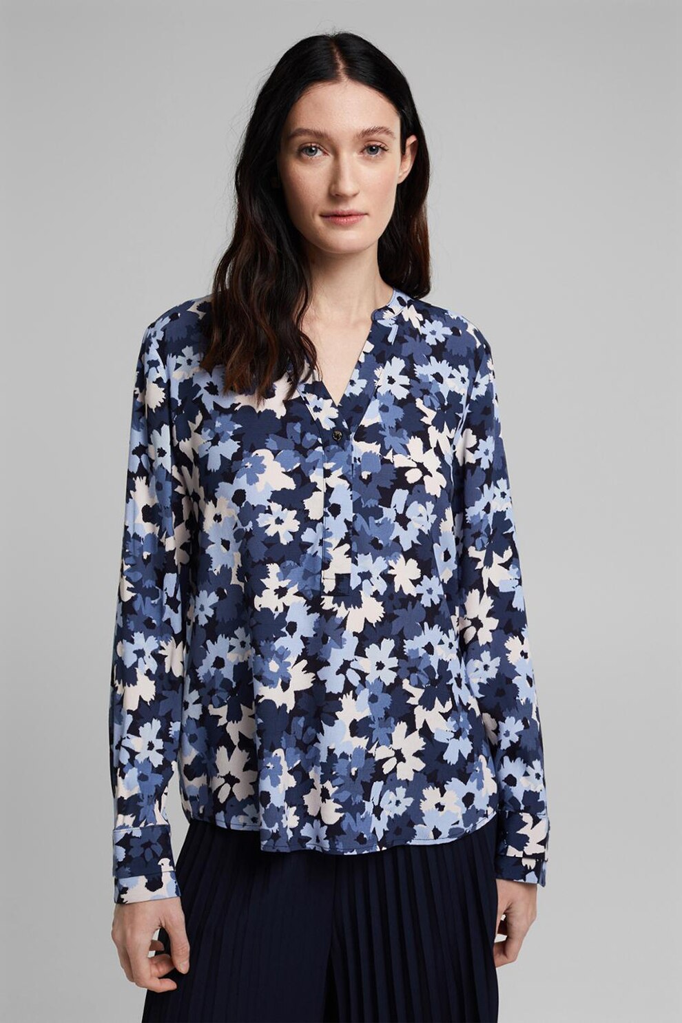 Esprit, Bluza tip tunica cu imprimeu floral, Albastru/Crem, M