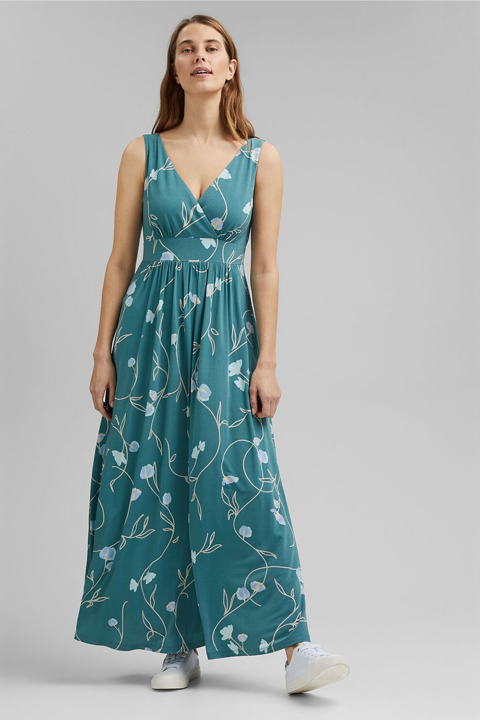 Esprit, Rochie maxi cu decolteu cache-coeur si imprimeu floral, Turcoaz