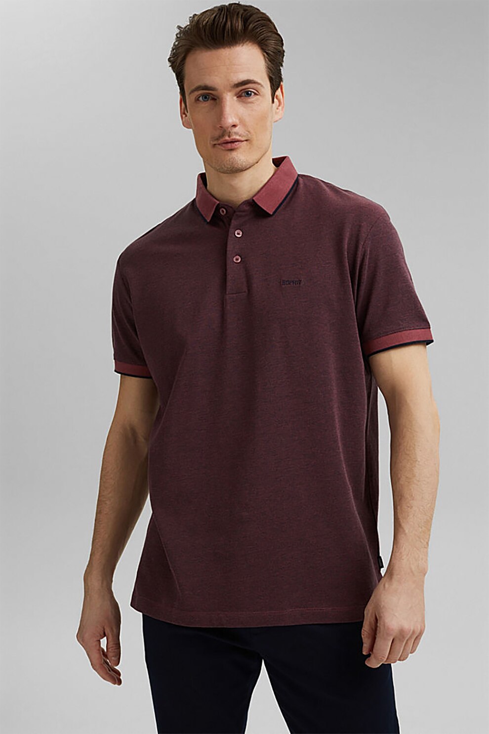 Esprit, Tricou polo din bumbac organic si material pique, Rosu Bordeaux, S