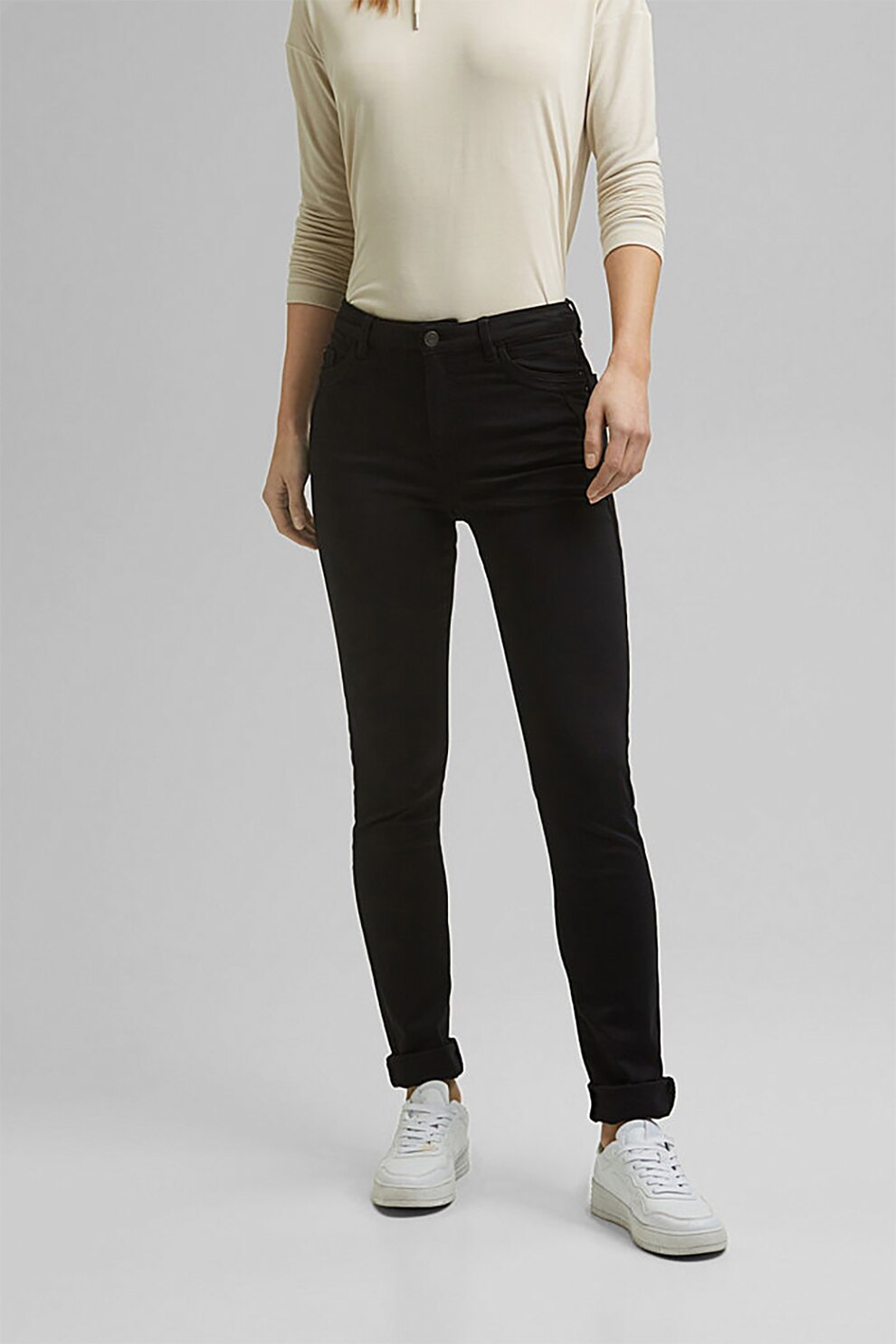 Esprit, Pantaloni slim fit cu talie medie, Negru