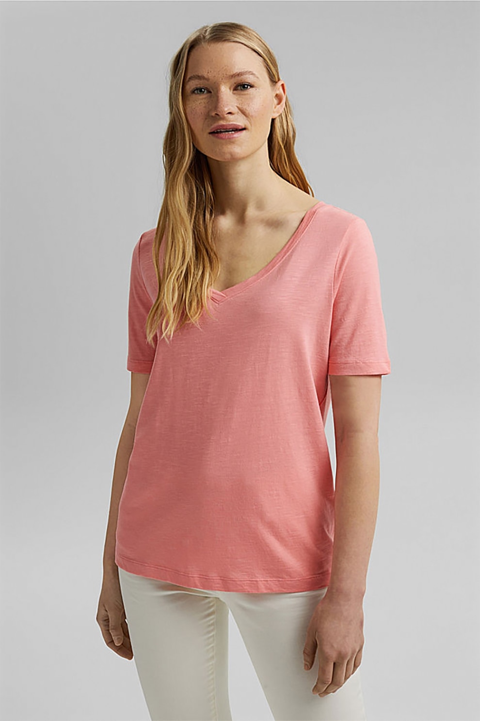 Esprit, Tricou din amestec de bumbac organic si modal, cu decolteu in V, Roz