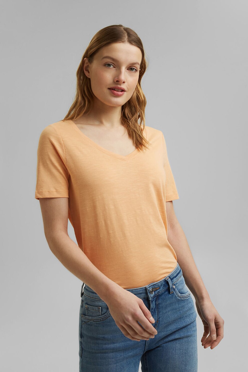 Esprit, Tricou din amestec de bumbac organic si modal, cu decolteu in V, Piersica