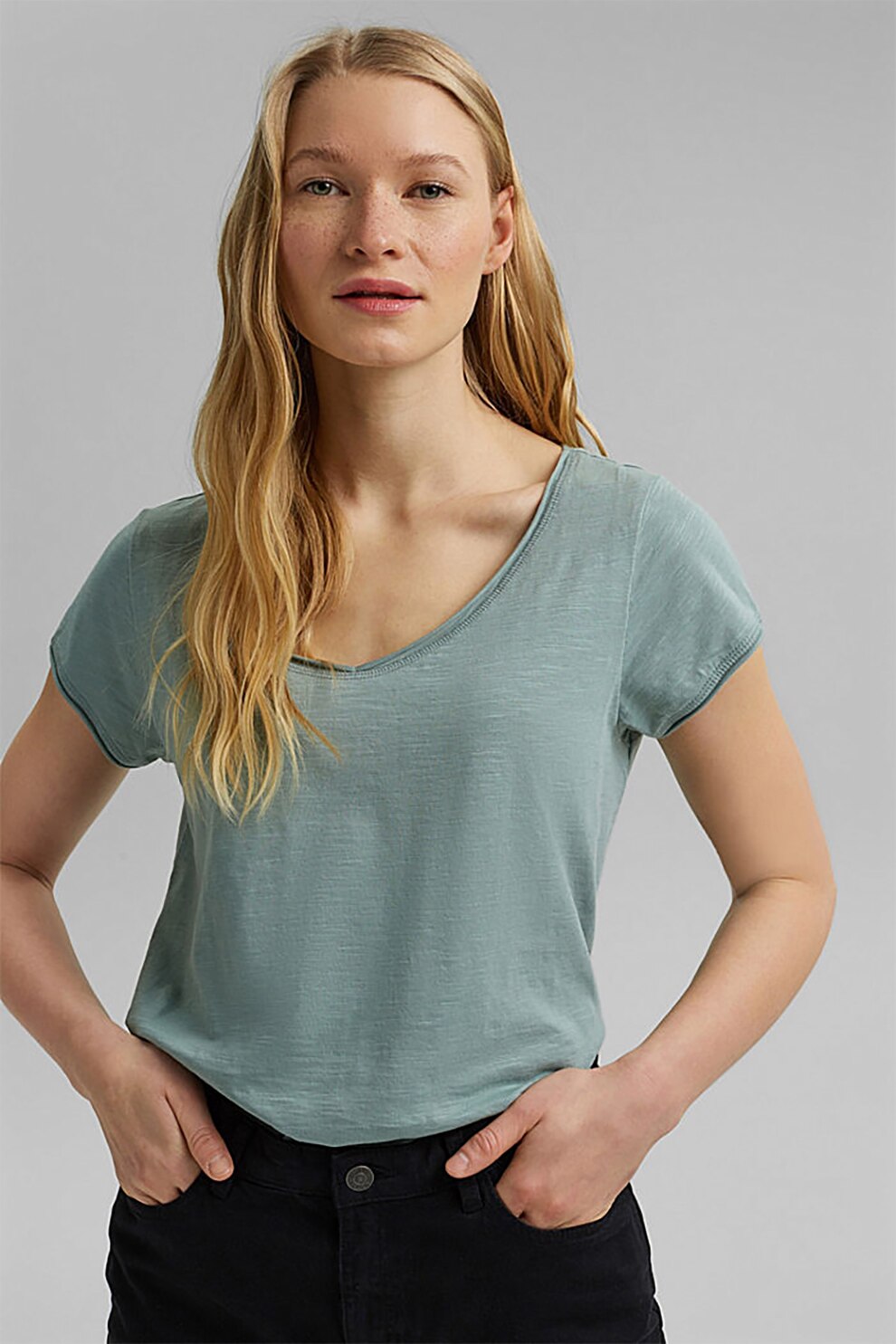 Esprit, Tricou lejer de bumbac organic cu decolteu rotund, Turcoaz, S