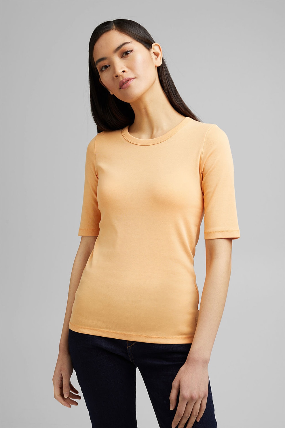 Esprit, Tricou din bumbac organic cu decolteu la baza gatului, Piersica