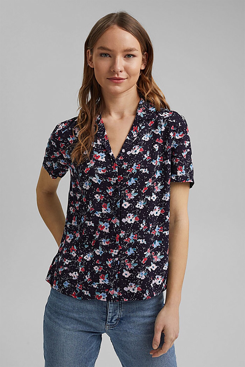 EDC by Esprit, Camasa cu model floral, Bleumarin/Alb/Rosu