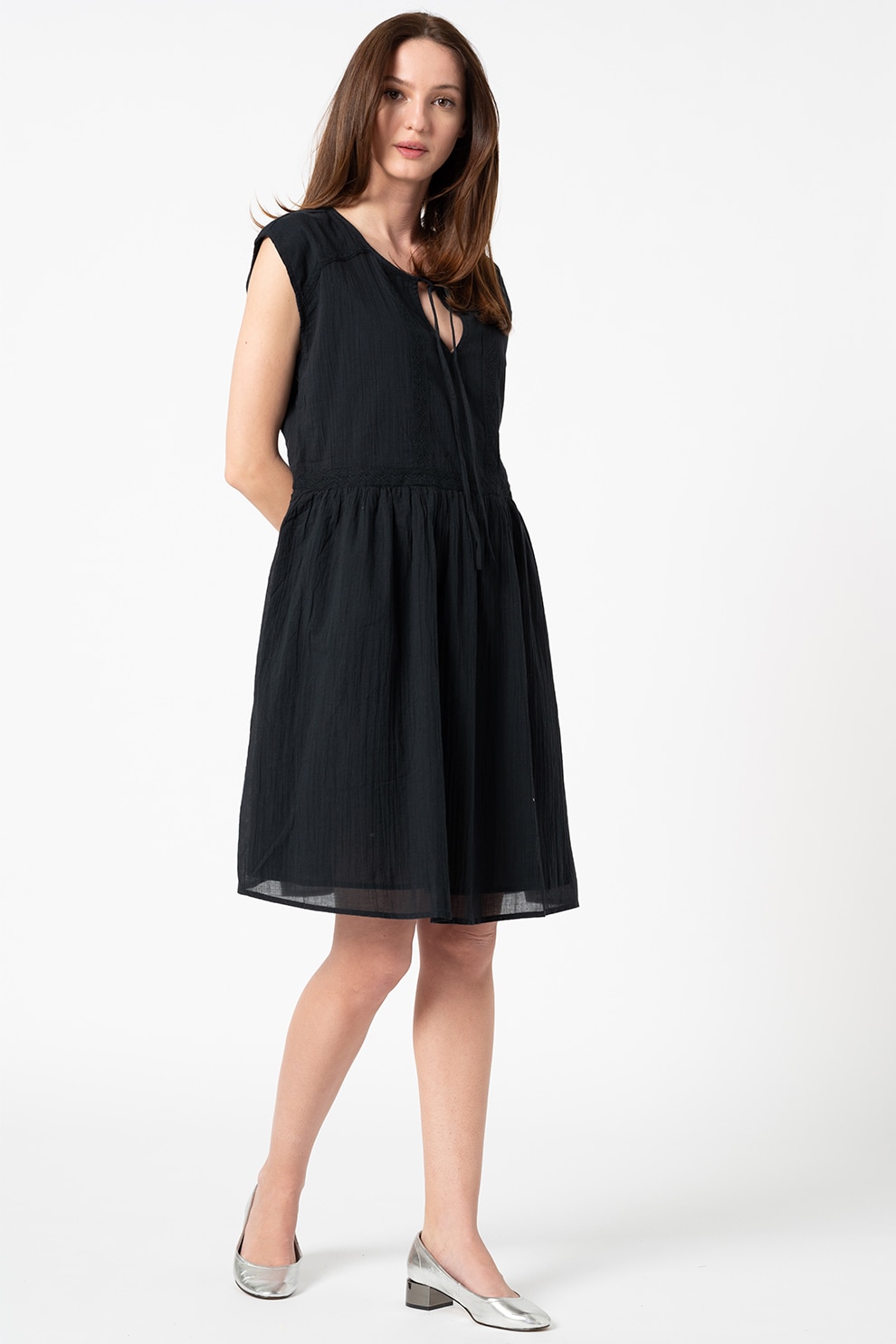 Esprit, Rochie midi de bumbac organic cu croiala in A, Negru