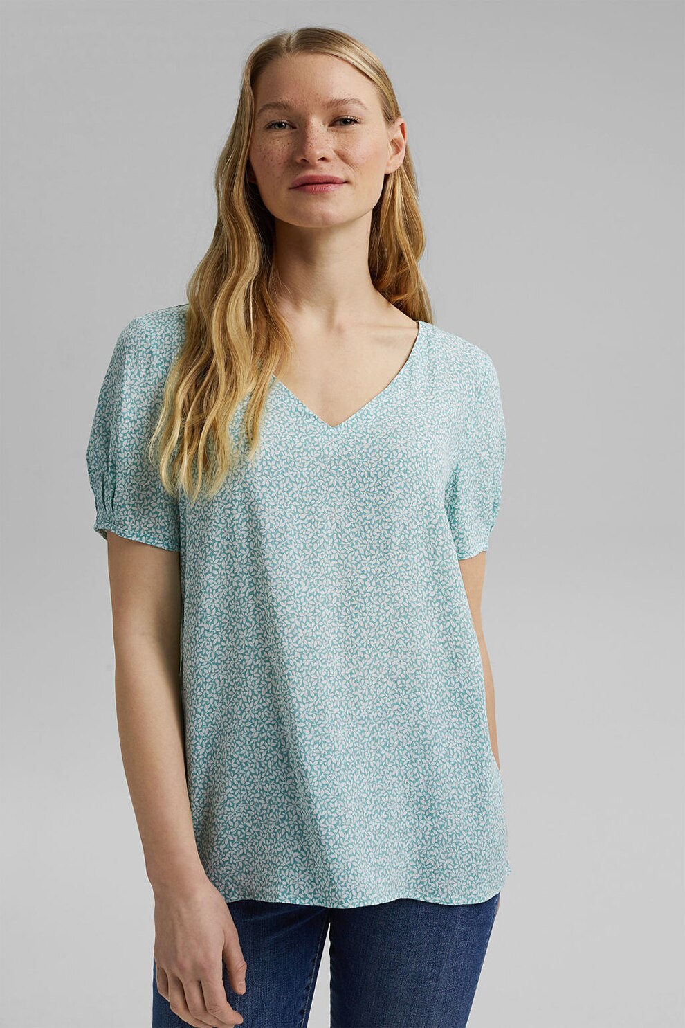 Esprit, Bluza cu decolteu in V si imprimeu floral, Verde persan/Alb