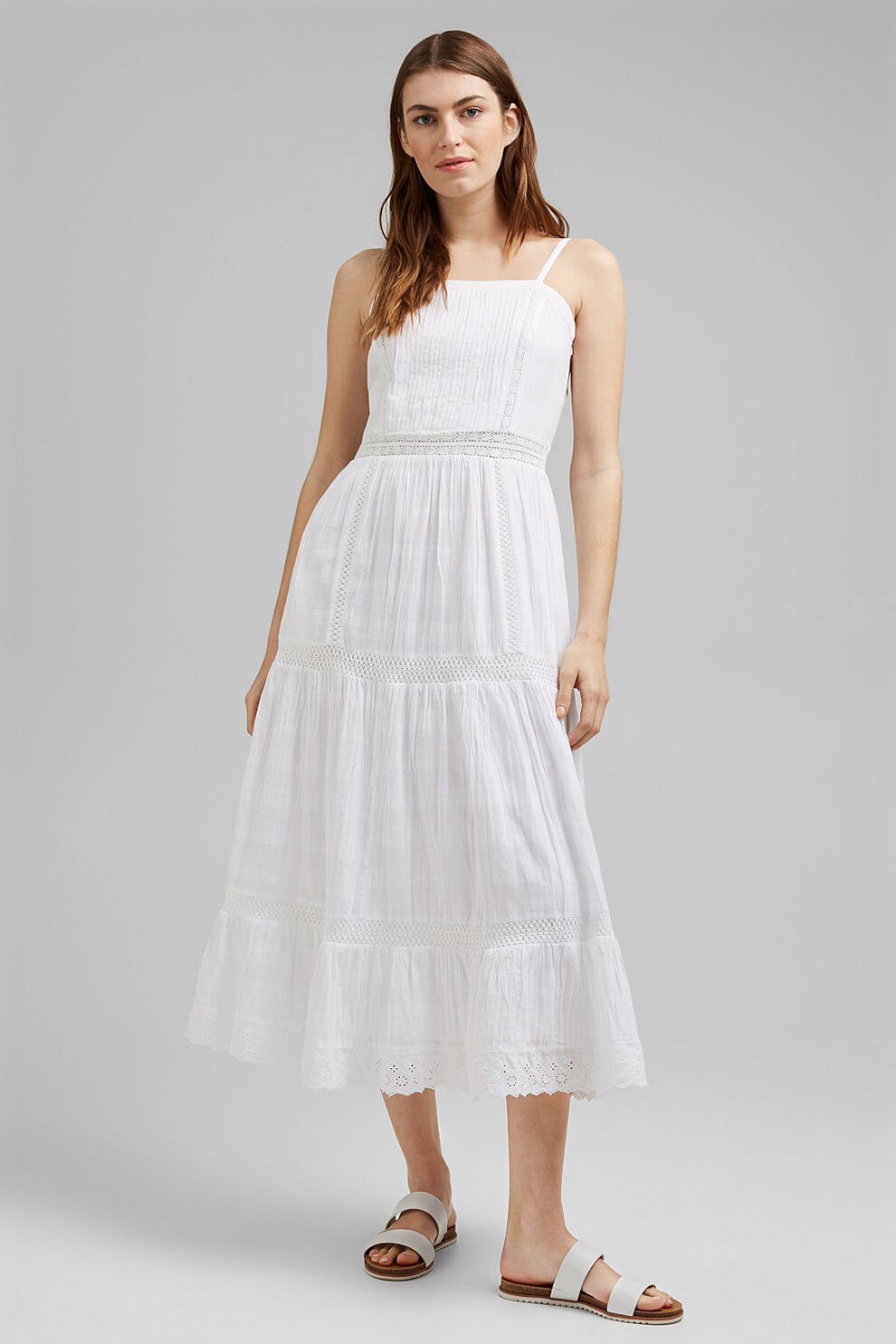 Esprit, Rochie midi evazata din bumbac organic cu garnituri din dantela, Alb
