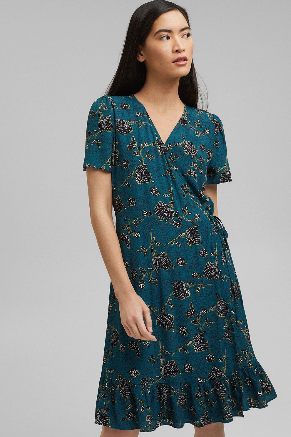 Esprit, Rochie evazata cu model floral, Bleumarin/Negru/Verde, XS