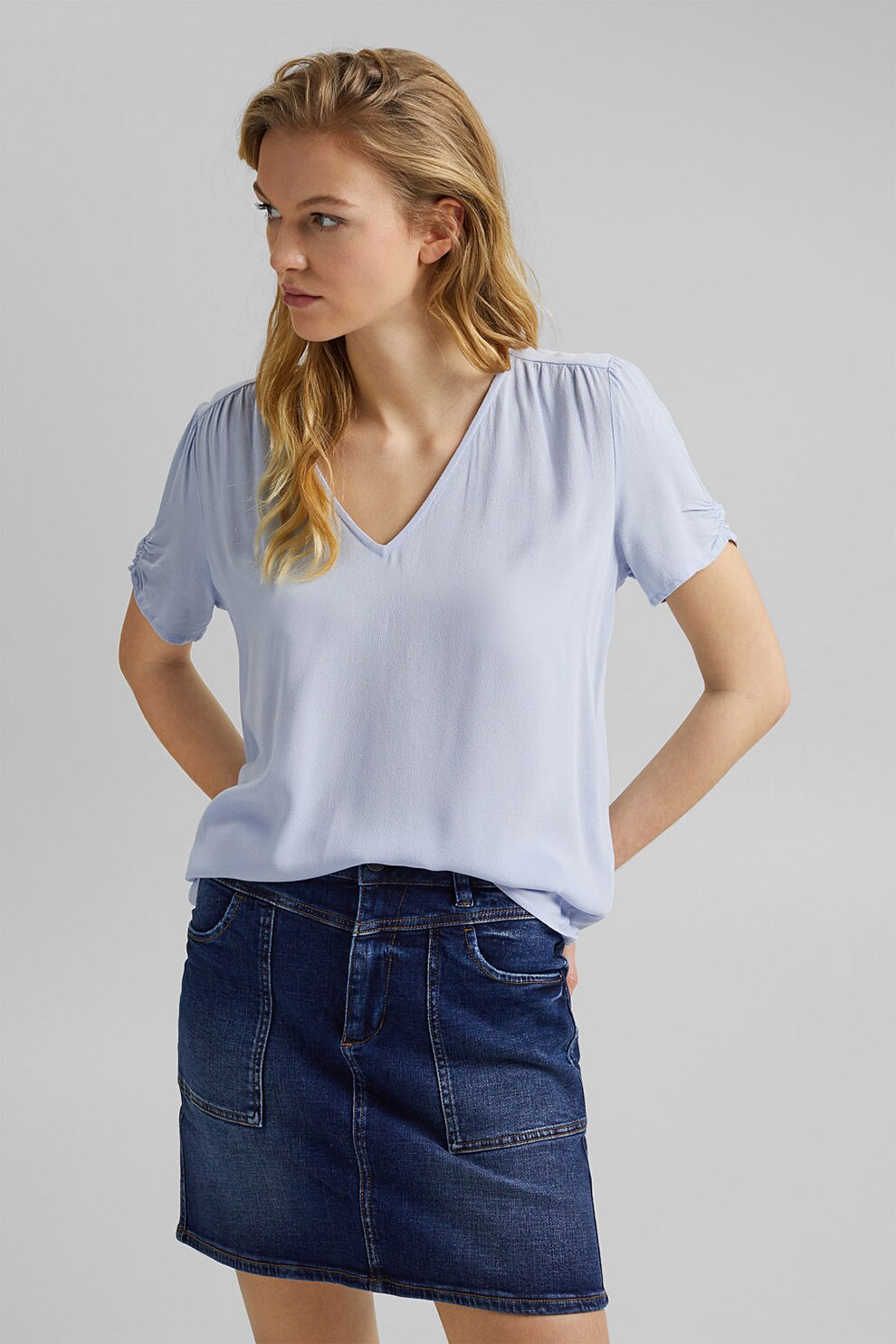 EDC by Esprit, Bluza cu maneci scurte si drapaje, Albastru pastel