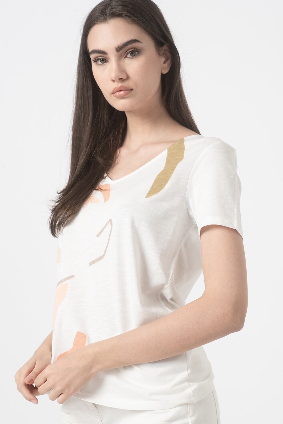 Esprit, Tricou din amestec de bumbac organic cu decolteu in V, Alb/Portocaliu, XL