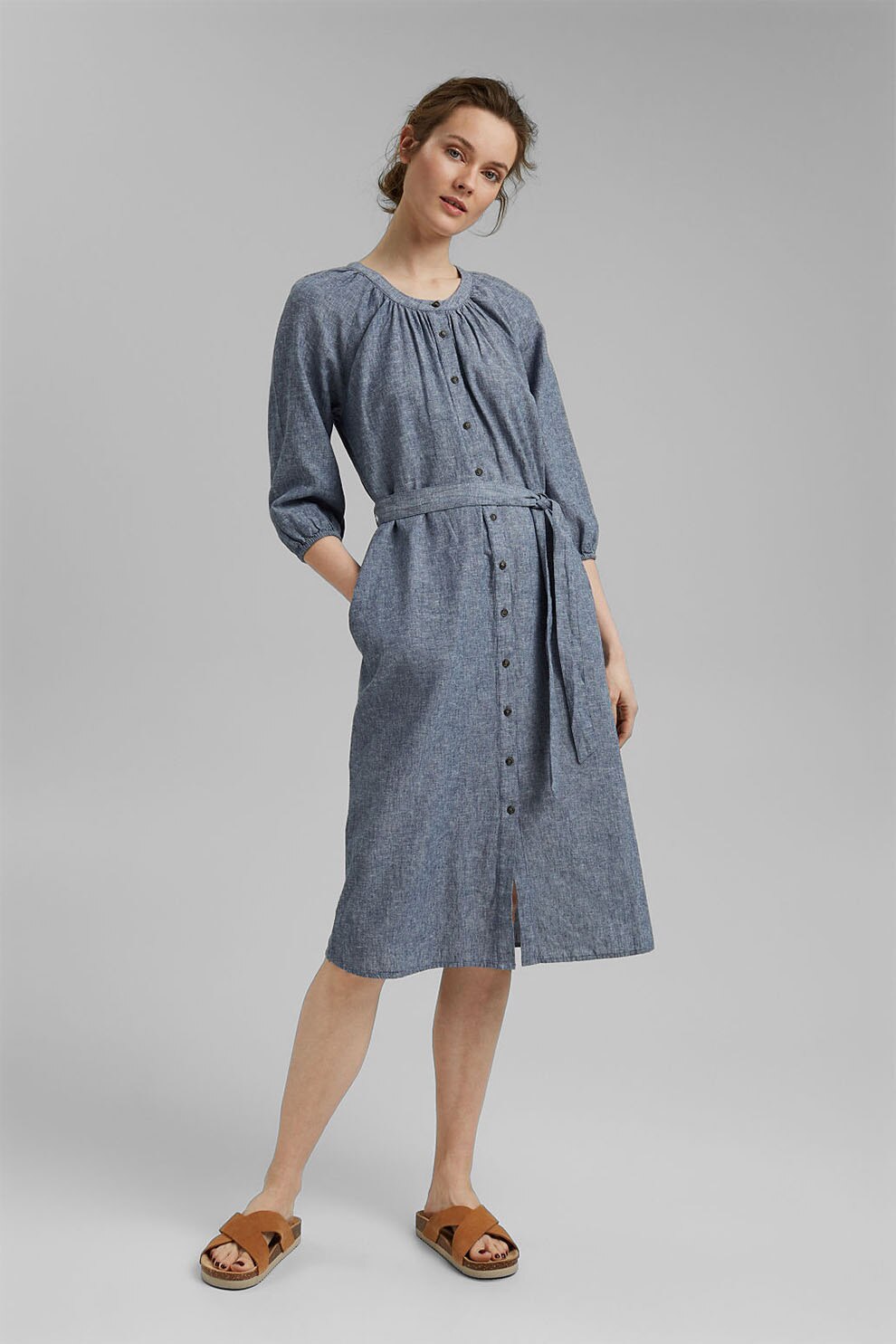 Esprit, Rochie tip tunica din amestec de in, Albastru prafuit