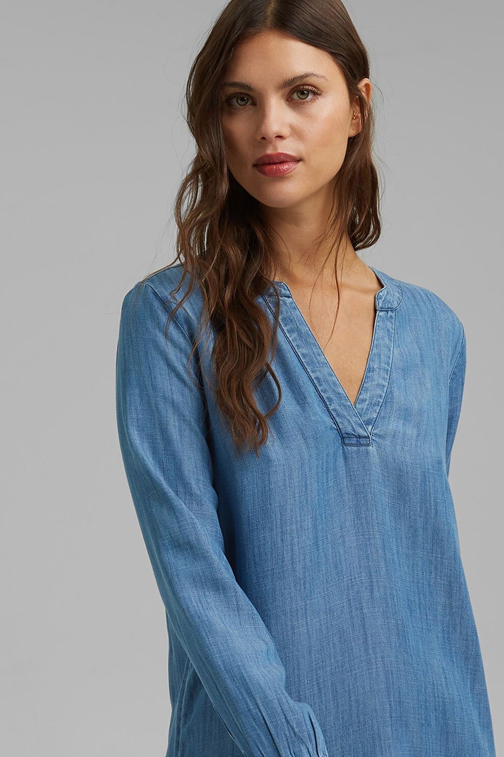 Esprit, Rochie din chambray cu terminatie cu volane, Albastru lavanda, XS