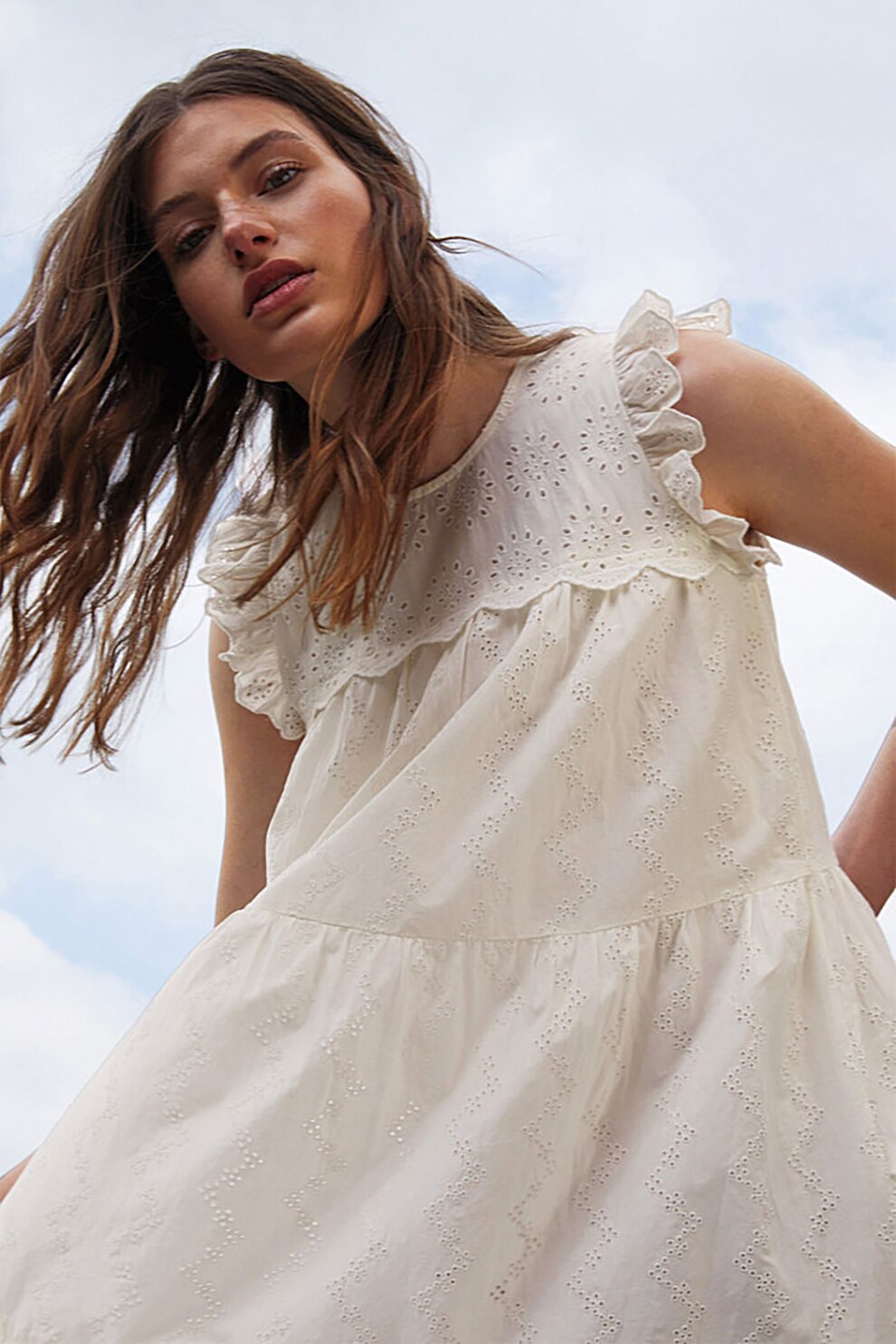 EDC by Esprit, Rochie lejera de bumbac organic cu broderii, Alb fildes, L