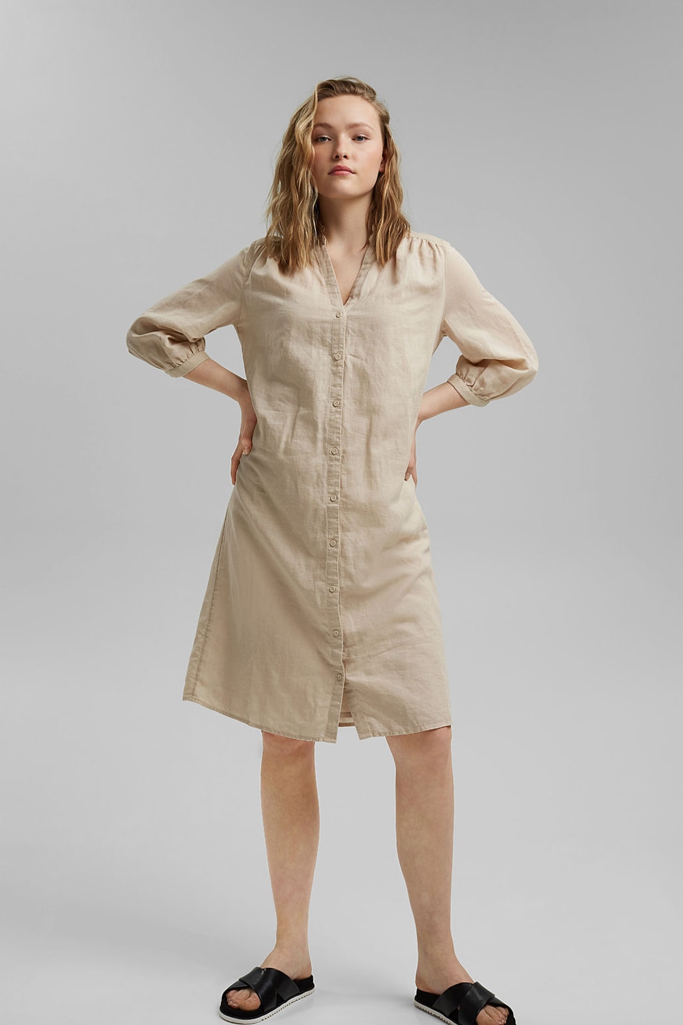 EDC by Esprit, Rochie tunica din amestec de in cu un cordon, Maro camel