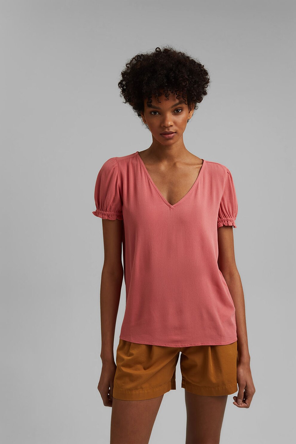 EDC by Esprit, Bluza de viscoza cu decolteu in V, Corai