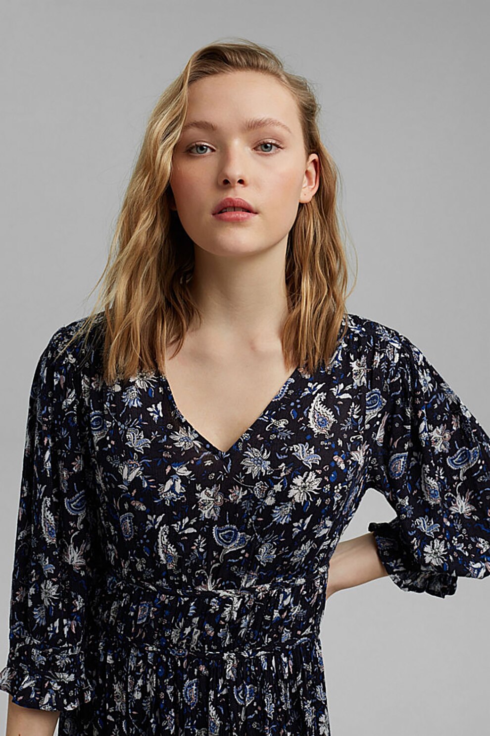 EDC by Esprit, Rochie cu decolteu in V si imprimeu, Bleumarin/ Gri