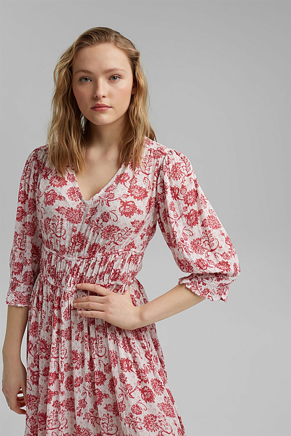 EDC by Esprit, Rochie cu decolteu in V si imprimeu, Rosu/Alb prafuit