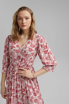 EDC by Esprit, Rochie cu decolteu in V si imprimeu, Rosu/Alb prafuit EDC by Esprit, Rochie cu decolteu in V si imprimeu, Rosu/Alb prafuit
