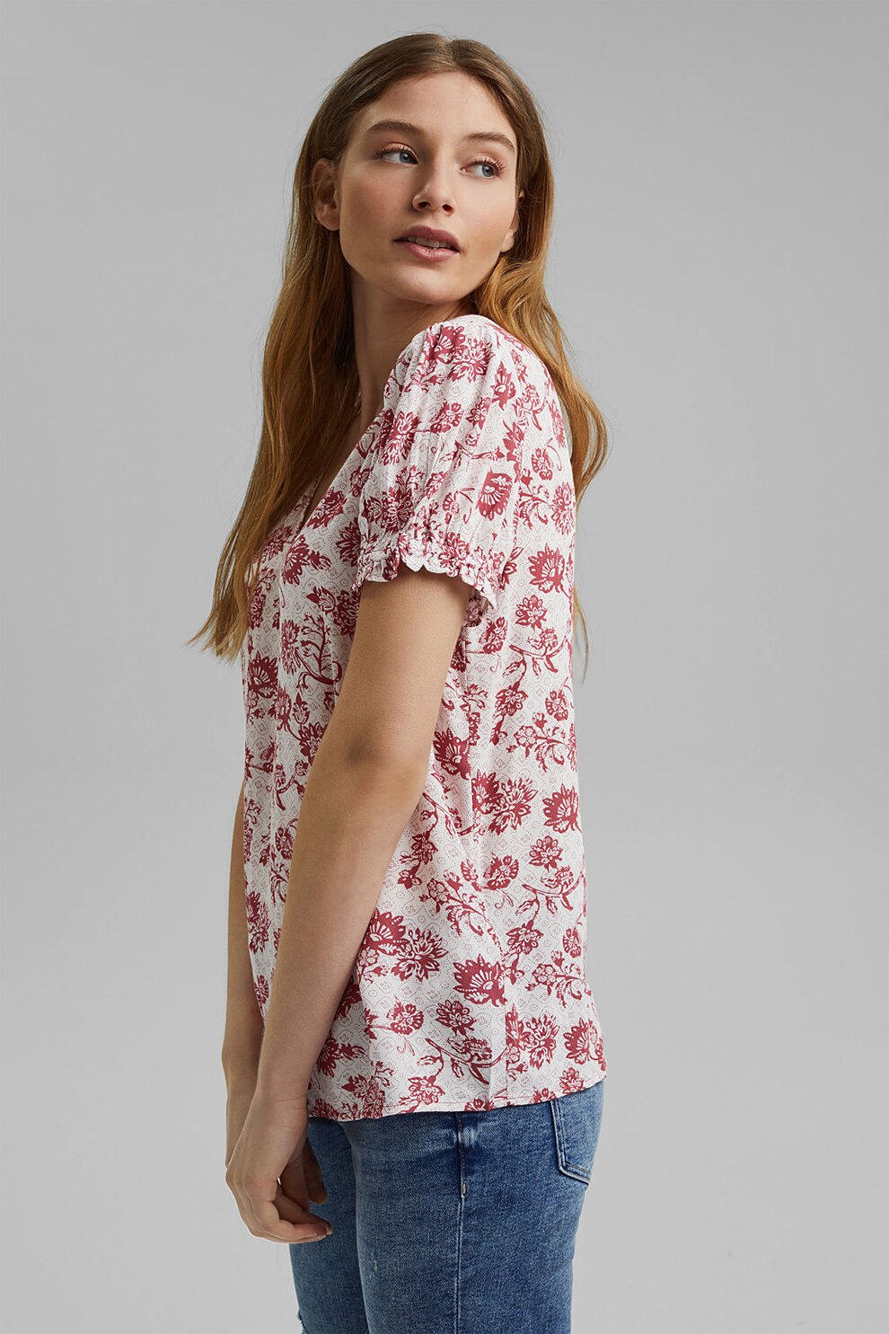 EDC by Esprit, Bluza cu imprimeu si decolteu in V, Rosu/Alb