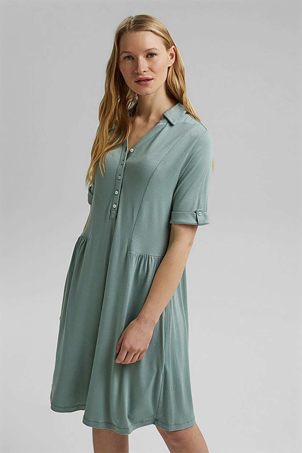 Esprit, Rochie tip tricou cu fenta cu nasturi, Verde persan